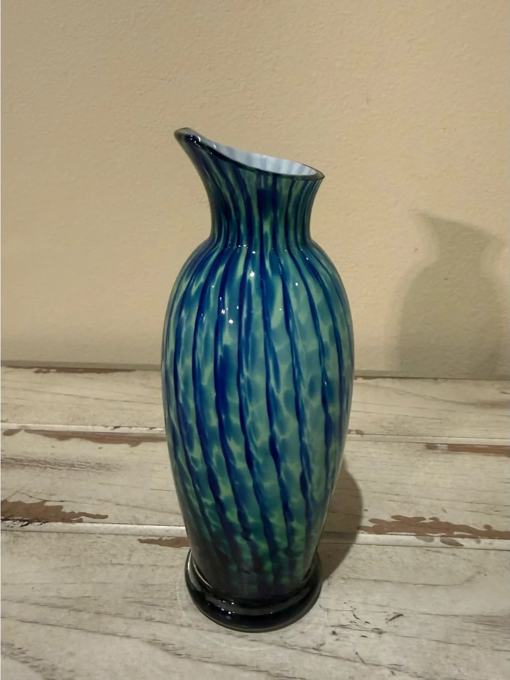 Vintage Blue & Green Art Glass Vase Slanted Rim Swirl Ribbed Decor 6.5